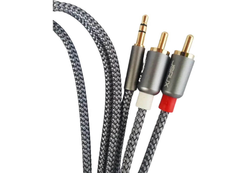 CABLE AUXILIAR JSAUX RCA CON JACK 3.5mm RCA 2 METROS CABLE NYLON, CHAPADO EN ORO DUAL USA