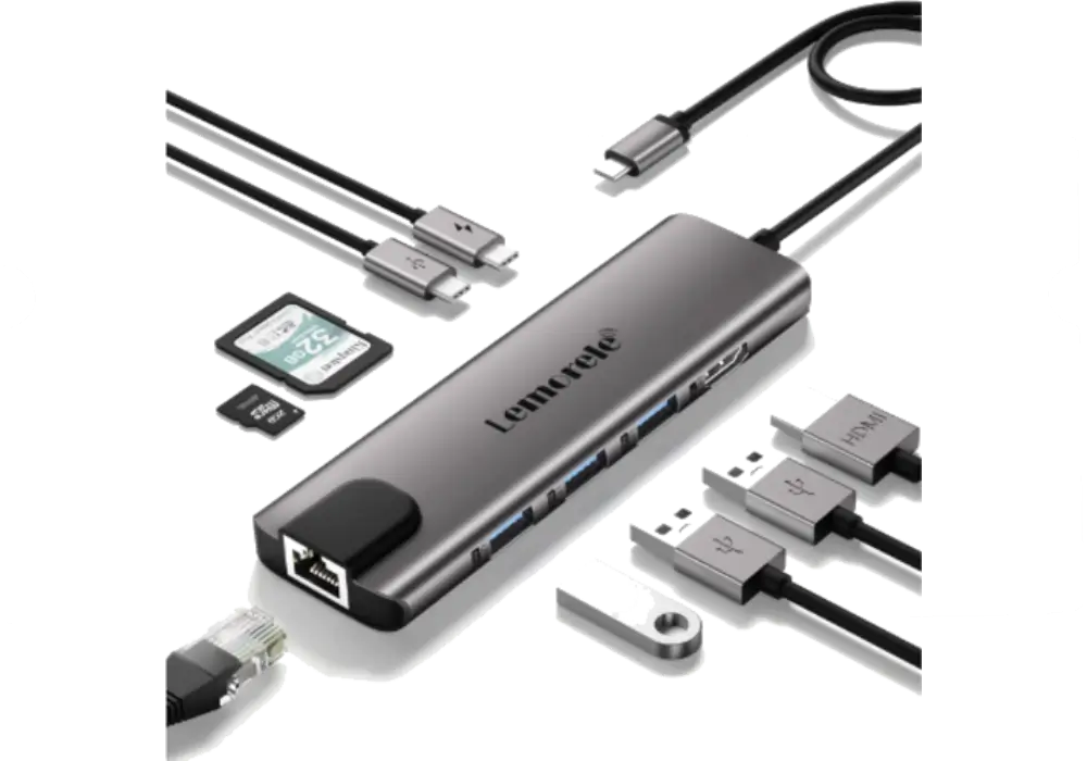 ADAPTADOR USB-C LEMORELE MULTIPUERTO 9 EN 1: GIGABIT ETHERNET, 100 W PD, HDMI 4K, USB 2.0, USB-C, LECTOR TARJETA SD/TF, ACOPLAMIENTO MACBOOK PRO Y STEAM DECK